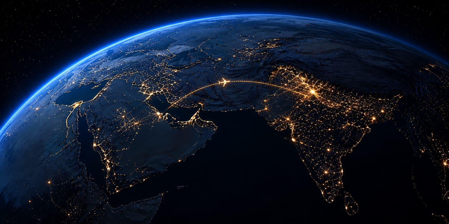 Earth at night with a flight route